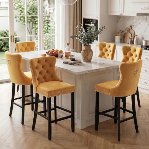 SoarFlash Modern Velvet Upholstered Bar Stools Set of 6 with Wood Legs, Button Tufted,Chrome Nailhead, Counterstool Seat, Armless Bar Chairs (Gold) by SoarFlash