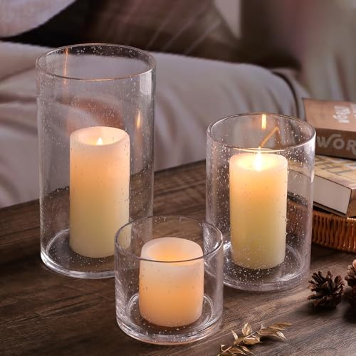 Large Hurricane Candle Holder Set of 3 Clear Candle Holders for Pillar Candles, Seeded Bubbles Glass Candle Holder for Table Centerpiece, Glass Cylinder Vases for Home, Patio and Wedding 10" 7" 4" H by NITIME