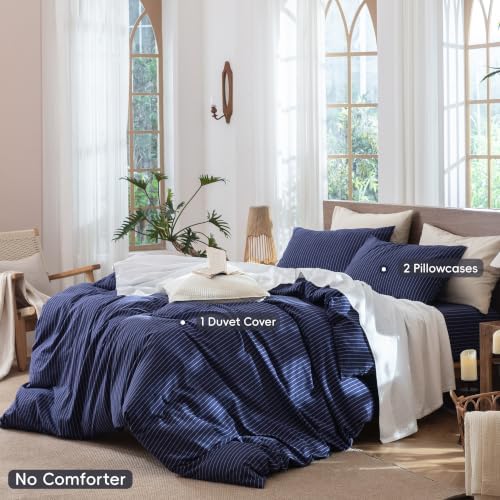 MooMee Striped Duvet Cover Set 100% Washed Cotton Linen Like King - Image 2