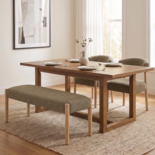 VKNOW Upholstered Dining Room Set for 4, Mid-Century Modern Dining Chairs Set of 2 and Dining Bench with Rubberwood Legs, for Dining Room, Living Room, Kitchen, Dark Brown by VKNOW