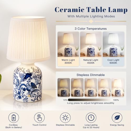 ShineTech Rechargeable Cordless Small Ceramic Table Lamps Set of 2, Blue - Image 2