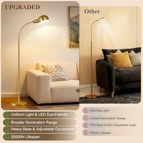 Floor Lamp for Living Room, 63" Standing Lamp with Adjustable Gooseneck, 3 Color Temperatures, Industrial Gold Floor Lamp Reading for Bedroom, Office, 9W LED Bulb - Image 4