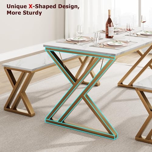 CABIHOME Space-Saving Rectangular Dining Table Set for 4 – Includes Table and 2 Benches – Durable x-Shaped Metal Frame – Perfect for Kitchen, Dining Room, Apartment, or Studio – Gold White - Image 5