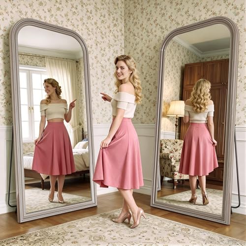 71"x32" Full Length Mirror with Stand, Arched PU Frame - Image 2