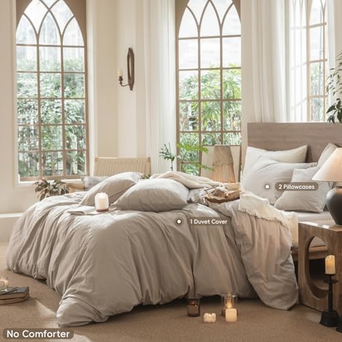 MooMee Wavy Striped Duvet Cover Set 100% Washed Cotton Linen Like Textured Breathable Durable Soft Comfy (Beige, Super Queen 90"x98") - Image 2