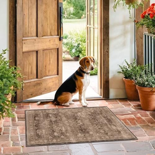 Boho Taupe Brown 2x3 Entryway Rug - Modern Vintage Traditional Eclectic Oriental Neutral, Washable Low Pile Non-Slip Small Throw Area Rugs for Door Mat Indoor Entrance, Kitchen, Bathroom by HazoHaus