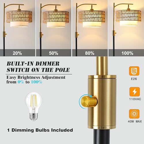 Dimmable Floor Lamp with Table and Marble Base, Arc Floor Lamp with Dimmable Bulb, Boho Farmhouse Standing lamp with Fabric & Rattan Lampshades for Living Room Bedroom (Black and Gold) - Image 2