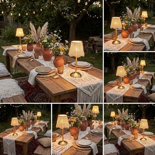 12 Inch Rattan Cordless Table Lamp, Without Bow, Gold, 2 Pack - Image 4