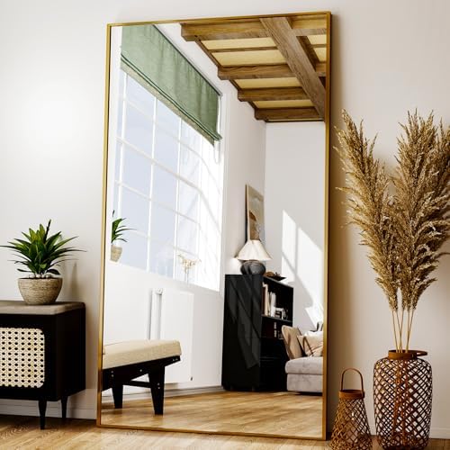 Easly Full Length Mirror with Stand 38"x77" Full Body Mirror Floor Mirror Standing Hanging or Leaning Wall, Wall Mirror with Stand Aluminum Alloy Frame for Living Room Bedroom Cloakroom,Gold by EASLY