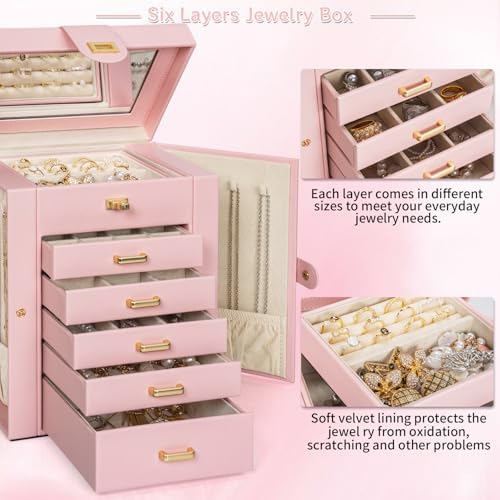 AKOZLIN 6-Tier Jewelry Box Organizer 5 Drawers Storage Light Pink Regular - Image 2