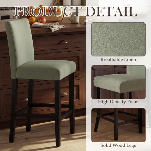 GOTMINSI 24 Inches Bar Stools, Modern Upholstered Counter Height Chairs, Solid Wood Legs Barstools with Back (Green, 4PCS) - Image 4