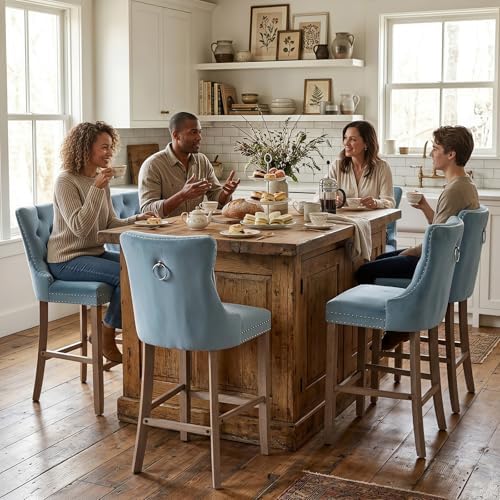 SoarFlash Modern Velvet Upholstered Bar Stools Set of 6 with Wood Legs, Button Tufted,Chrome Nailhead, Counterstool Seat, Armless Bar Chairs (Sky-Blue) - Image 3