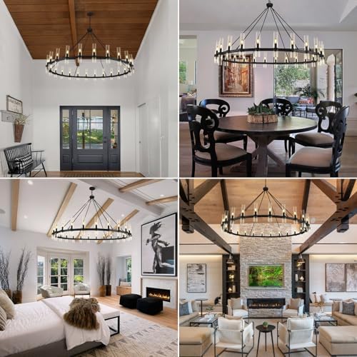 Black Wagon Wheel Chandelier, 70 Inch Glass Chandeliers, 24 Light Chandelier for High Ceiling, Modern Farmhouse Chandeliers for Living Room, Dining Room, Entryway, Stairwell(Bulbs Included) - Image 5