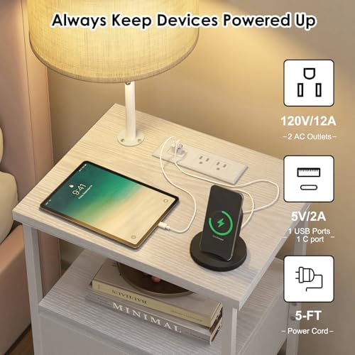 Fixwal Bedside Table with 3 Color Temperatures Bulb Attached, Nightstand with Charging Station and Lights, End Table with Fabric Drawer for Bedroom & Dorm (White) - Image 4
