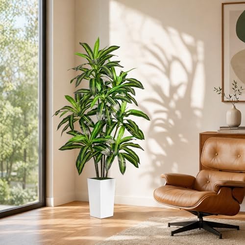 6FT Artificial Dracaena Tree with 15.7-inch White Planter, Fake Tree with Lifelike Leaves Indoor for Home Decor Office Living Room - Image 2