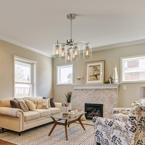 CNRATYE 6-Light Brushed Nickel Chandeliers for Dining Room Light Fixtures Over Table, Adjustable Height Hanging Industrial Pendant Lighting for Kitchen Island Bedroom, Clear Glass Shade - Image 4