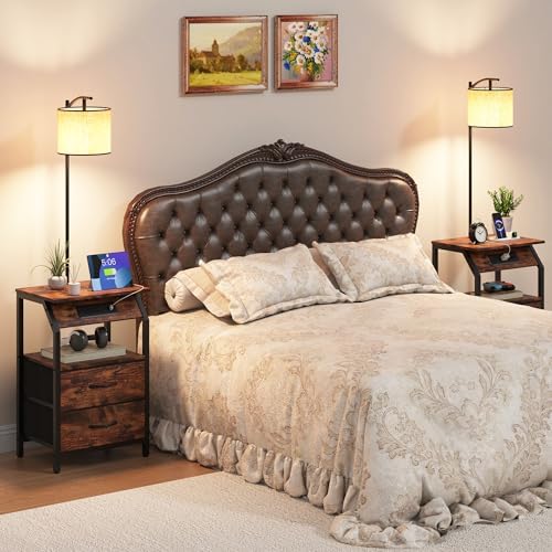 End Table with Floor Lamp, Nightstand with Charging Station, Floor Lamp Table with 3-Color Temperature Bulb, Bedside Table Night Stand with 2 Drawers for Bedroom, Living Room, Brown - Image 3