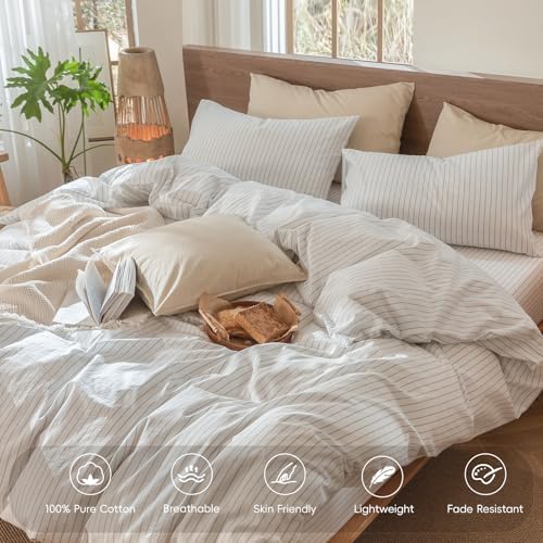 MooMee Striped Duvet Cover Set 100% Washed Cotton Linen Like - Image 4