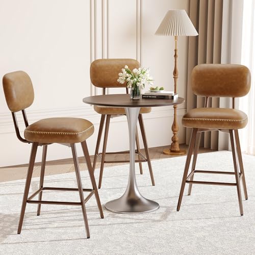 MALOL 26“ PU Leather Swivel Bar Stools Set of 3, Mid Century Counter Height Bar Chairs with Low Back and Metal Legs, Modern Bar Stool Chair for Kitchen Island, Brown by MALOL