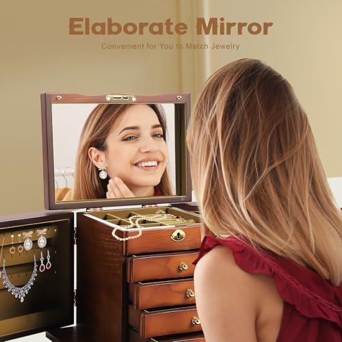 Large Wooden Jewelry Box with Mirror and Lock, 5 Layers Locking Jewelry Organizer, Watches Necklace Ring Storage Box for Women - Image 5