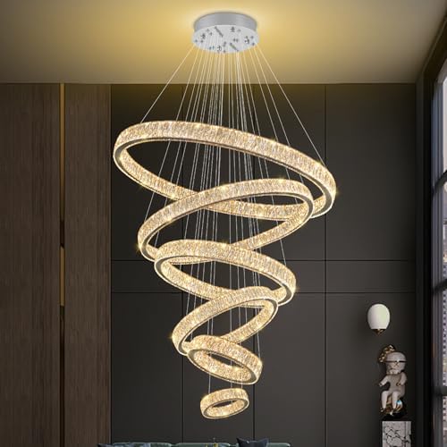 Extra Large 6 Ring Crystal Chandelier Modern LED Long Crystal Chandelier for High Ceiling Height Adjustable D8+15.7"+23.6"+31.5"+39.4"+47.5" Dimmable 2700K-6000K - Image 4