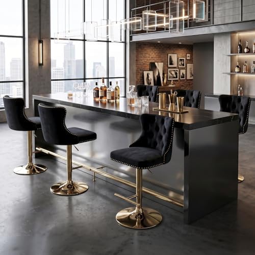 SoarFlash Velvet Bar Stool Set of 6, Adjustable Swivel Bar Stools with Gold Plated Metal Leg, Button Tufted, Footrest, Chrome Nailhead, Counter Height Chair for Kitchen, Bar, Dining Room (Black) by SoarFlash