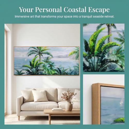 Anolyfi Palm Tree Picture Green Tropical Wall Art for Living Room Landscape Large Canvas Painting Nature Seascape Textured Artwork Framed Bedroom Kitchen Hallway Office Home Decor Framed 71"x32" - Image 3
