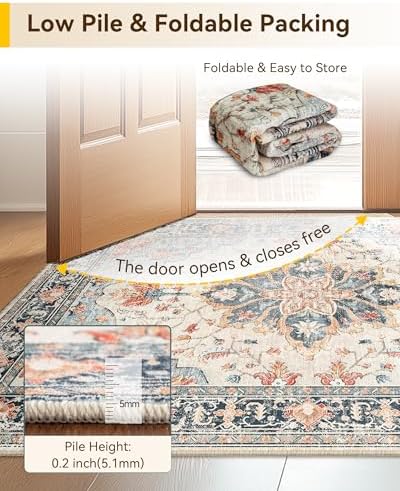 RELEANY Washable Area Rug, 7'x10', Beige/Blue/Orange - Image 4