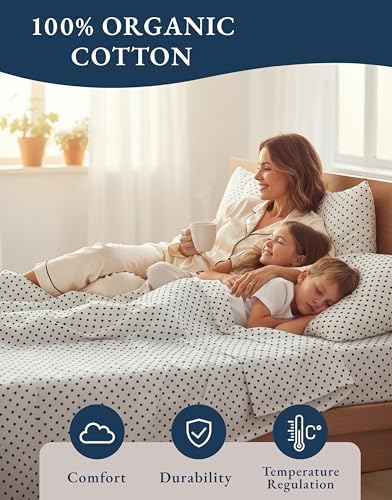 LANE LINEN 100% Organic Cotton Twin XL Sheets Set 3-Piece Pure Percale Bedsheets Bedding Breathable Fits Mattress Upto 15" Deep - Black Polka Dot - Image 6