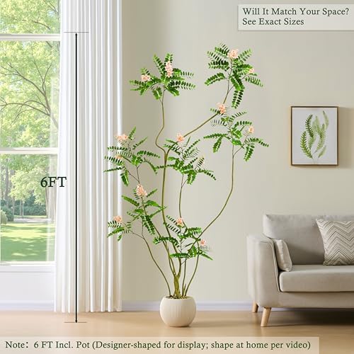 Artificial Locust Tree：6FT Faux Black Locust Floor Plant with Pink Flowers Small Round Silk Leaves & Elegant Branches in Beige Ribbed Planter for Indoor Home Office Decor Hotel Patio Studio - Image 2
