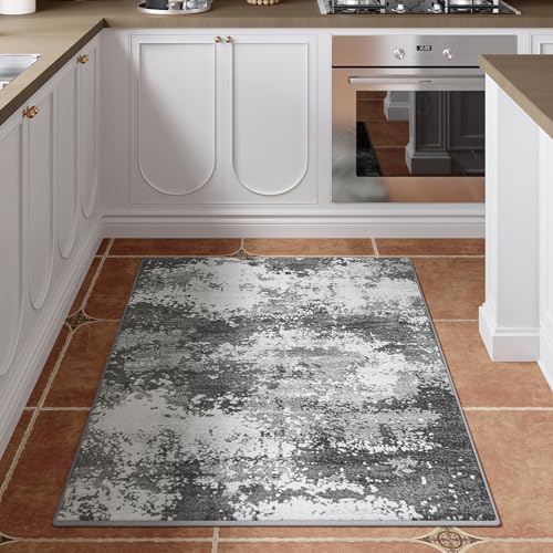 Entryway Rug 3x5 Grey Door Mat Indoor Entrance 36x60, Washable Small Throw Rugs for Kitchen Floor, Entry, Front Door, Bedroom Bedside, Non-Slip Low Pile Stain & Fade Resistant, Abstract Gray - Image 2