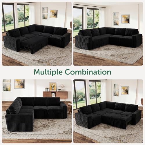 HONBAY Modular Sectional Sleeper Sofa with Pull Out Bed,Corduroy L Shaped Couch with Storage, Sectional Couches for Living Room,Black - Image 6