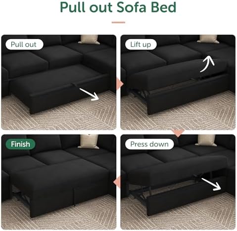HONBAY Sectional Sleeper Couch with Pull Out Bed, U Shaped Sectional Sofa with Storage, Modular Velvet Sectional Couches for Living Room, Black - Image 6