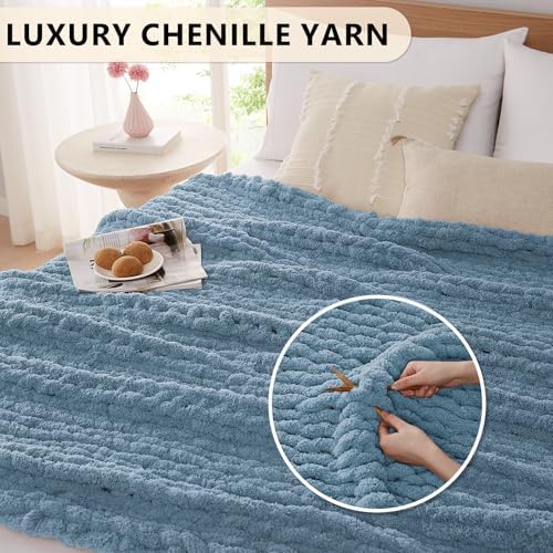 L'AGRATY Chunky Knit Throw Blanket for Couch, 72 x 84 Inches, Airy Blue - Image 3