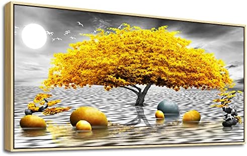Framed Canvas Wall Art For Living Room Large size Boho Wall Decor For Bedroom Black And White Wall Pictures Yellow Tree wall Painting Office Wall Decor Home Decoration Natural Wood Framed 20" X 40" by MHARTK66