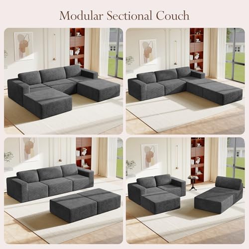 Vesgantti 119" Oversized U-Shaped Modular Sectional Sofa, Corduroy Cloud Couch with Deep Seating & Spring Support, Convertible Sofa with 2 Ottomans, Boneless Couch, No Assembly Required, Grey - Image 2