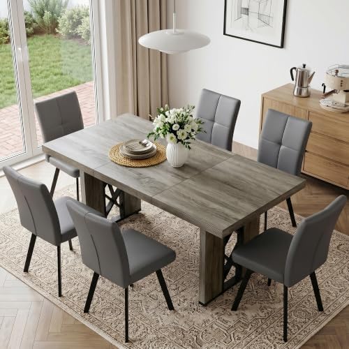 HIPIHOM 7-Piece Dining Table Set for 6, Grey Table with 6 Grey Chairs by HIPIHOM