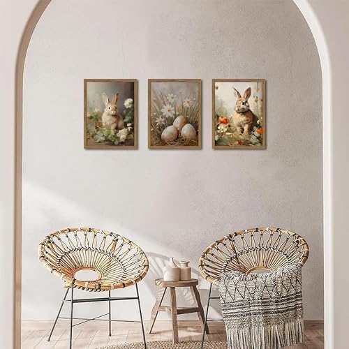 Vintage Easter Bunny Wall Art Set of 3, Spring Easter Rabbit Eggs Canvas Wall Decor Paintings, Rustic Farmhouse Animal Artwork Prints Pictures for Living Room Bedroom Bathroom 16x24 Inch Framed - Image 5