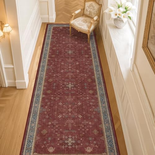 Red 2x8 Long Hallway Runner Rug - Boho Washable Indoor Front Door Mat for Entryway, Non Skid Rugs for Kitchen, Vitange Geometric Floral Low Pile & Soft Runner Carpet by HazoHaus