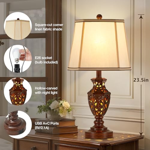 EJIAXIN Lamps for Night Stands Set of 2-23.5" Vintage Bedside Lamp with USB A+C and Nightlight - Brown Retro Carved Resin Farmhouse Desk Lamp for Bedrooms, End Tables, Living Room, Bulbs Included - Image 4