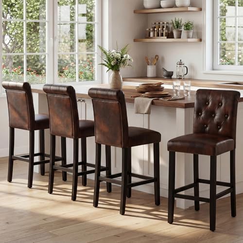 LSSBOUGHT 24 Inches Leather Counter Height Stools Set of 2 with Solid Wood Legs Bar Chairs for Kitchen lsland & Dining Room(Brown,2PCS) - Image 6