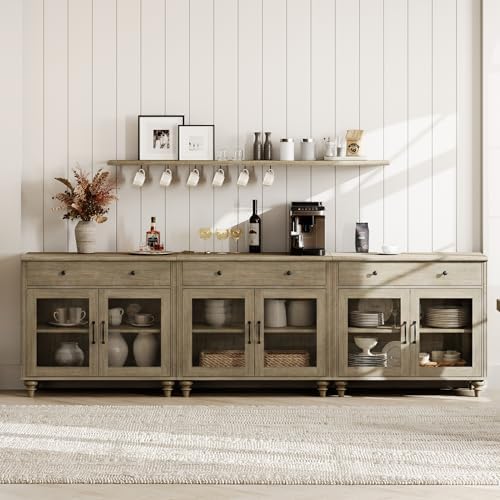 WAMPAT Sideboard Buffet Cabinets with 6 Glass Doors, Large Kitchen Storage Cabinets, Wooden Coffee Bar Tables with Vintage Gourd Leg, Sideboard Credenza Table for Dining Room, Living Room, Wash Grey by WAMPAT