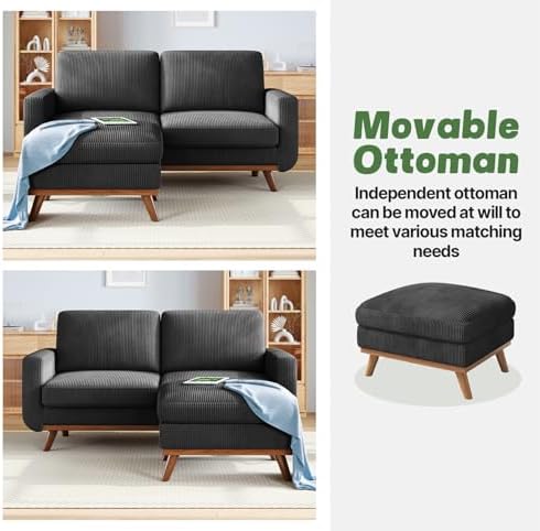 Vesgantti 68" Loveseat Sofa with Movable Ottoman, Comfy Corduroy Couch with Spring Cushion, Sofa Couch with Solid Wood, Modern Office Sofa with Deep Seat for Living Room and Bedroom, Black - Image 6