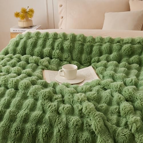 COOVA Soft Bubble Faux Fur Throw Blanket, 50"x60", Light Green - Image 2