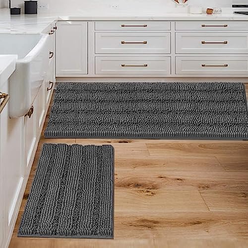 H.VERSAILTEX 2 Piece Bathroom Set - Super Absorbent Chenille Striped Bath Mats - Non Skid, Machine Washable - Grey, 47 x 17 Plus 17 x 24 - Inches by HVERSAILTEX