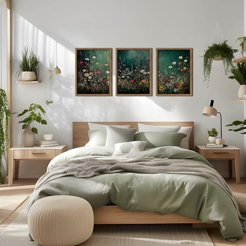 Vintage Wildflower Wall Art Set of 3, Moody Dark Green Flower Botanical Wall Decor Paintings,Nature Floral Farmhouse Landscape Posters Prints Pictures for Living Room Bedroom 12x16 Inch Wood Framed - Image 5
