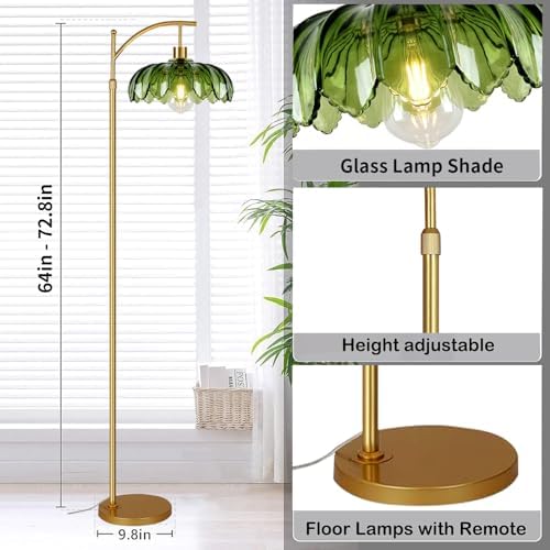 AHDWDW Gold Floor Lamp for Living Room Bedroom with Remote,Unique Vintage Standing Tall Lamp,Mid Century Modern Floor Lamps with Dimmable Bulb,Arc Green Glass Floor Lamps for Office Corner - Image 5