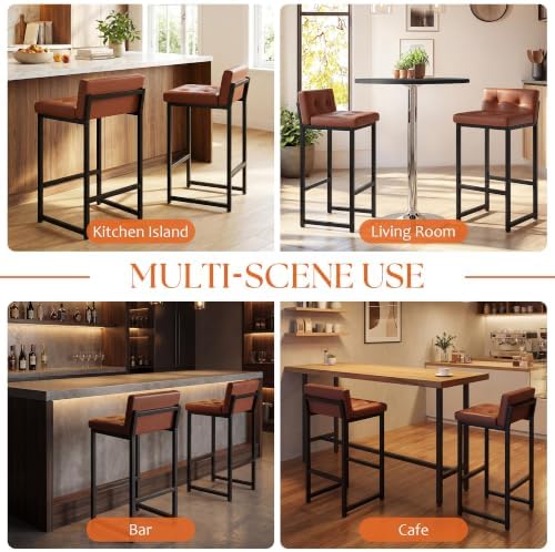 Bar Stools Set of 2, Counter Height Bar Stools Sets with Back, Faux Leather Barstools with Metal Legs and Footrest, Upholstered Bar Chairs for Dining, Kitchen Island, Home Counter, Brown - Image 3