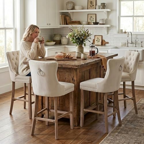 SoarFlash Modern Velvet Upholstered Bar Stools Set of 4 with Wood Legs, Button Tufted,Chrome Nailhead, Counterstool Seat, Armless Bar Chairs (Beige) - Image 3
