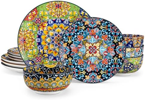 vancasso 12 Pieces Dinnerware Sets, Plates and Bowls Set, Porcelain Dishes Set for 4, Microwave and Dishwasher Safe, Scratch Resistant, Bohemian Style Dining Ware Service for 4, Series SIMI by vancasso